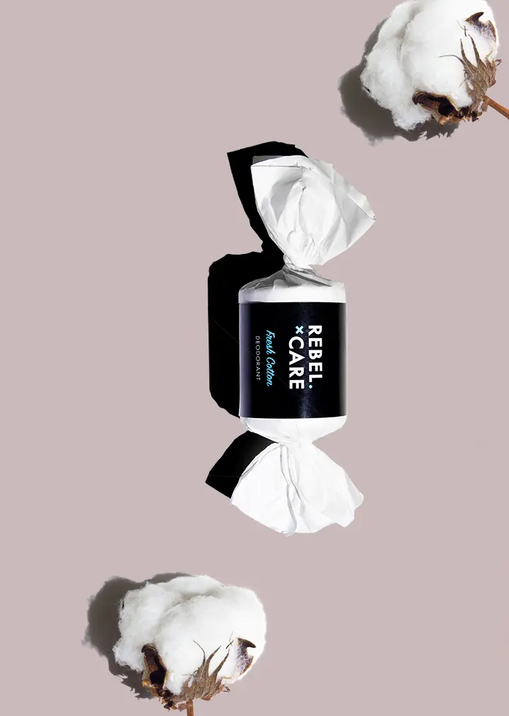 Rebel care fresh cotton deodorant refill in wrapper with ingredients
